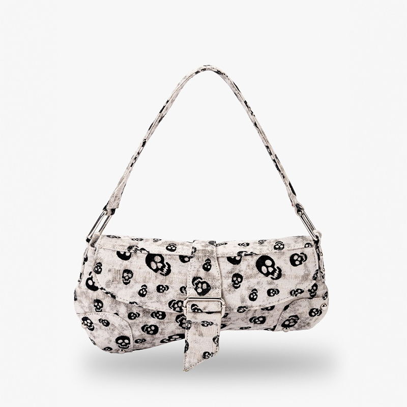 Saddle Bag Distressed - Distressed Skull Print Canvas Shoulder Bag,Women