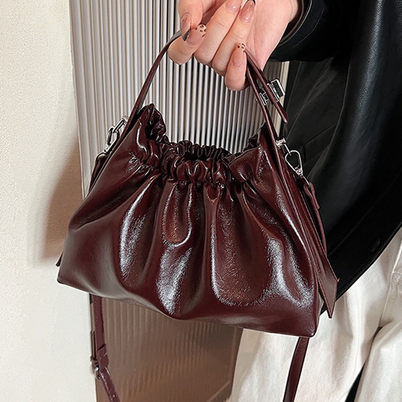 Women's Burgundy Ruched Cloud  – обзор и цена Top Handle Patent Bag
